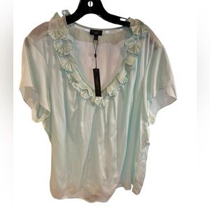 Talbots Women’s Light Aqua Blue Silk Blend‎ Ruffled Neck Blouse Size 24W (NWT)